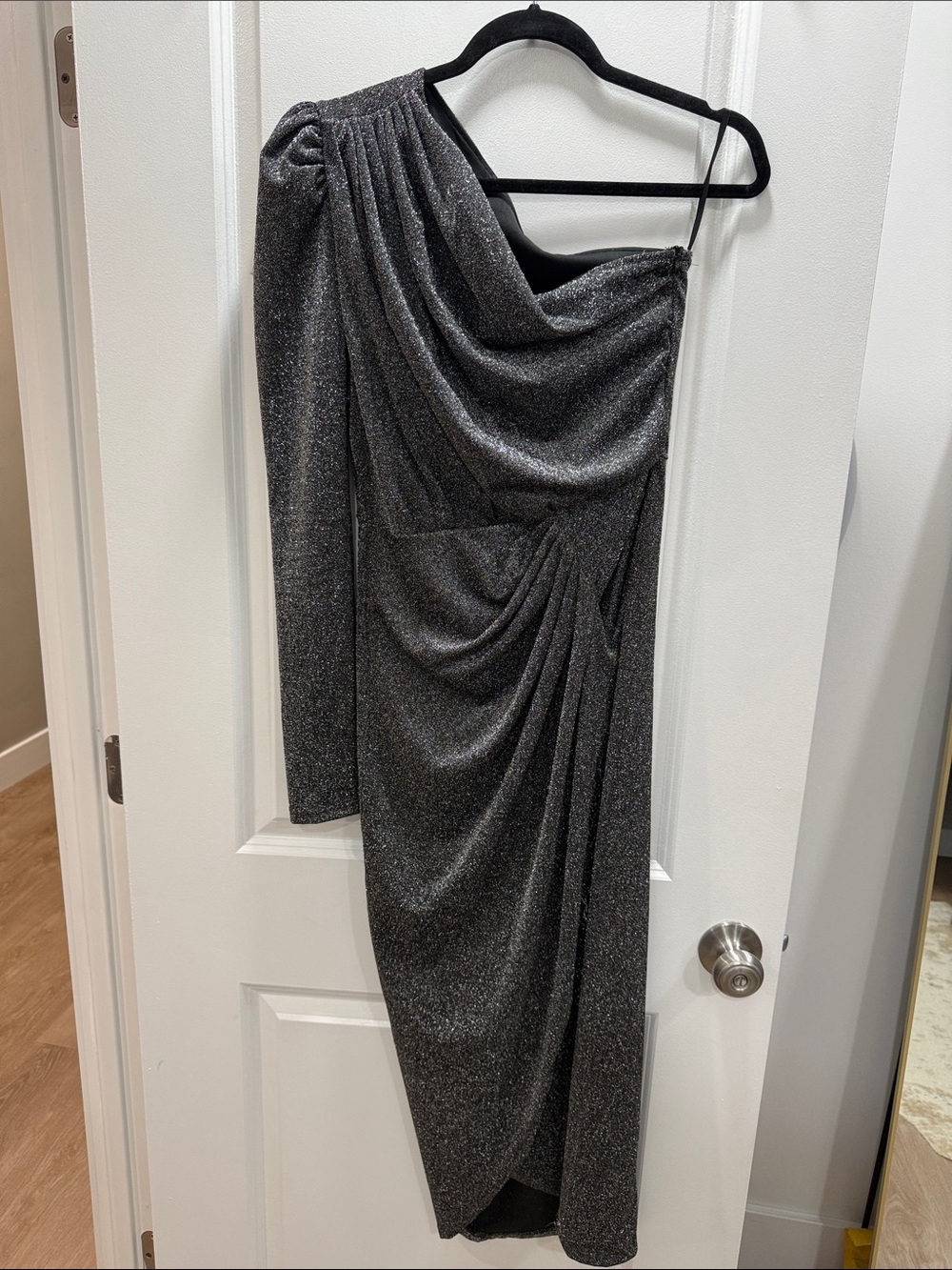 Metallic Charcoal One-Shoulder Drape dress